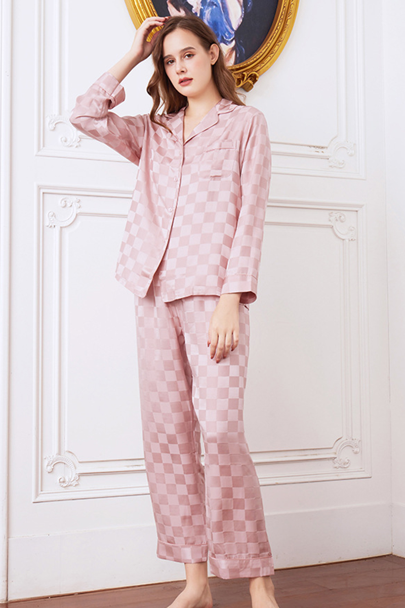 19 Momme 100% Mulberry Silk Matching Couple Plaid Heavy Mulberry Silk Pajama Set Long Sleeve Pants Loungewear for Men & Women