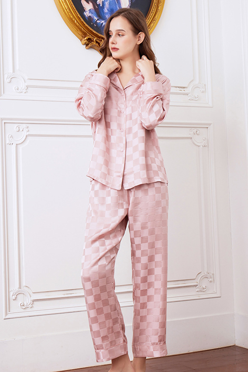 19 Momme 100% Mulberry Silk Matching Couple Plaid Heavy Mulberry Silk Pajama Set Long Sleeve Pants Loungewear for Men & Women