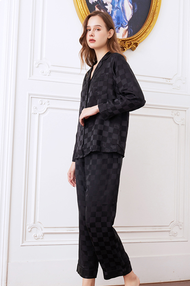 19 Momme 100% Mulberry Silk Matching Couple Plaid Heavy Mulberry Silk Pajama Set Long Sleeve Pants Loungewear for Men & Women
