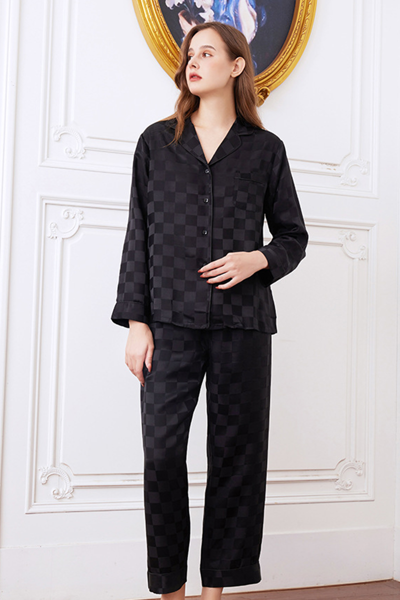 19 Momme 100% Mulberry Silk Matching Couple Plaid Heavy Mulberry Silk Pajama Set Long Sleeve Pants Loungewear for Men & Women