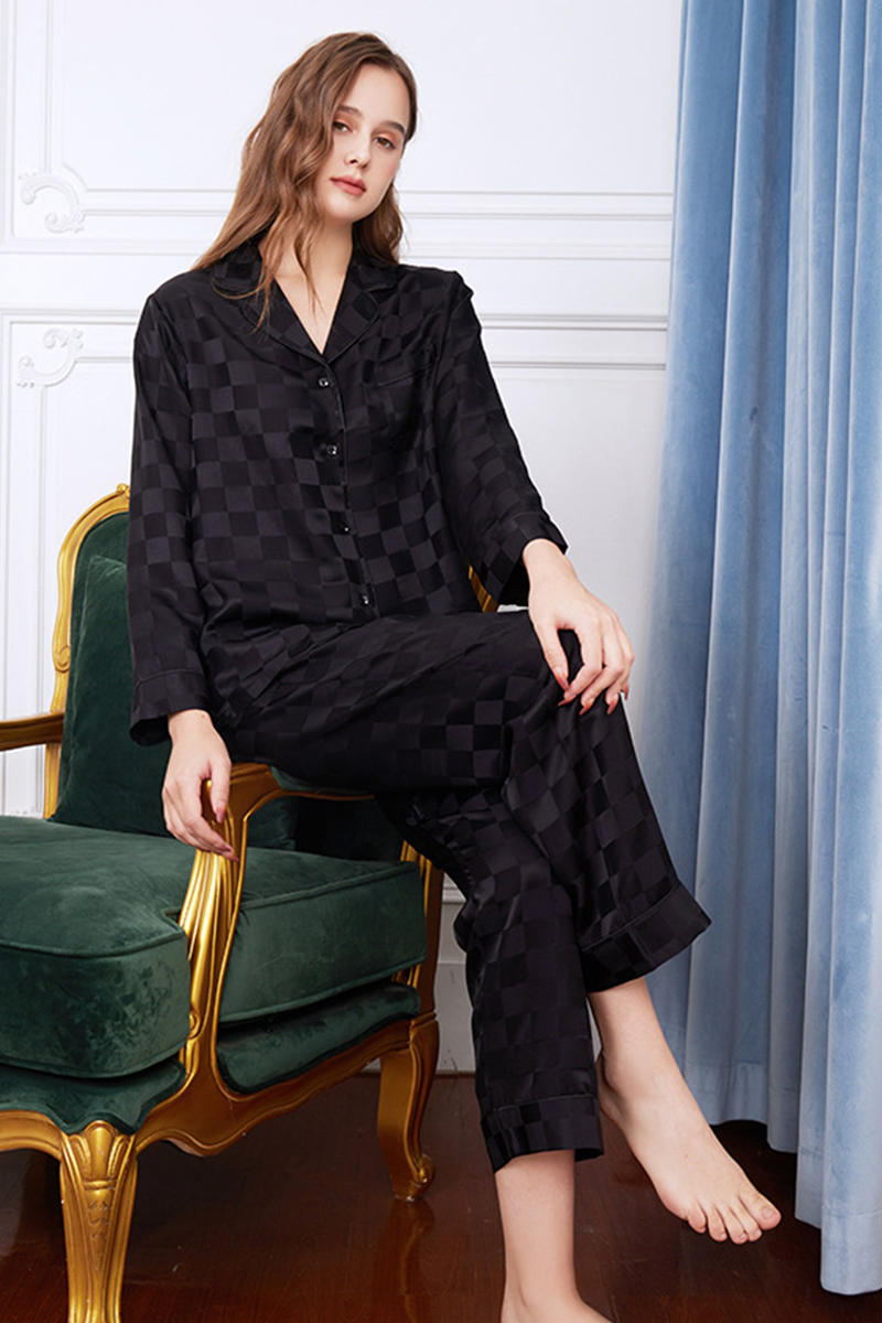 19 Momme 100% Mulberry Silk Matching Couple Plaid Heavy Mulberry Silk Pajama Set Long Sleeve Pants Loungewear for Men & Women