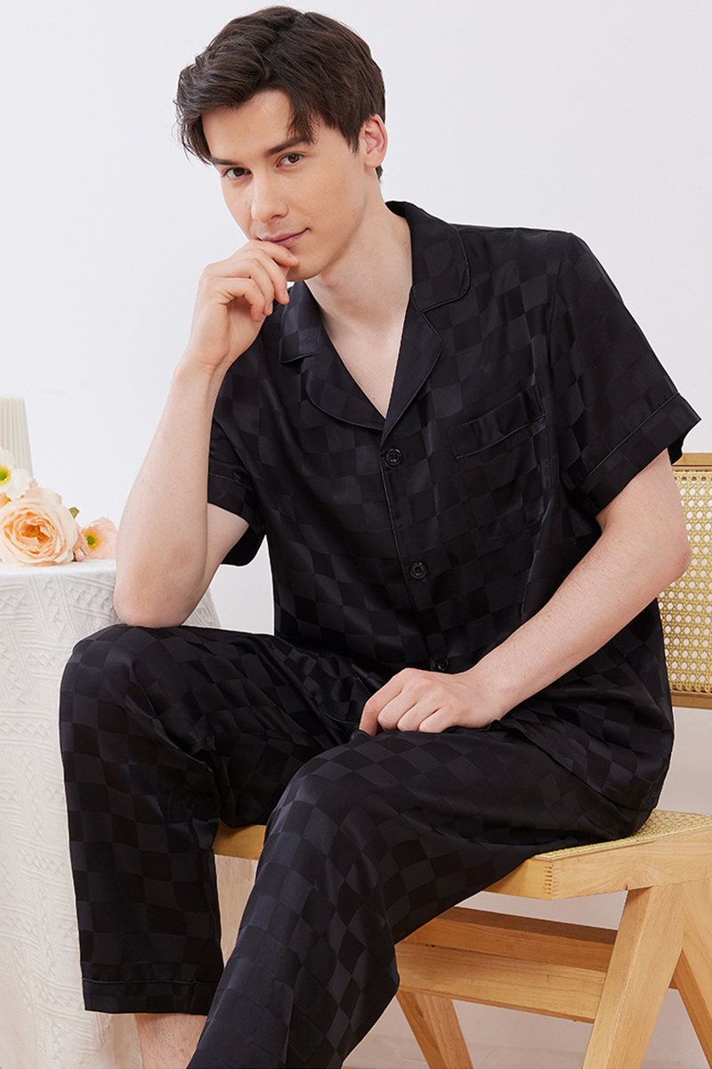 19 Momme 100% Mulberry Silk Matching Couple Plaid Heavy Mulberry Silk Pajama Set Long Sleeve Pants Loungewear for Men & Women
