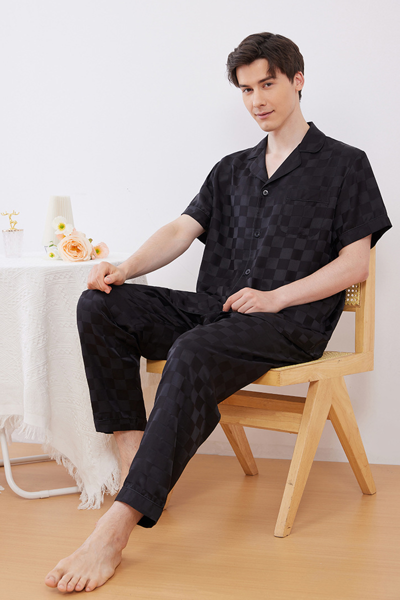 19 Momme 100% Mulberry Silk Matching Couple Plaid Heavy Mulberry Silk Pajama Set Long Sleeve Pants Loungewear for Men & Women