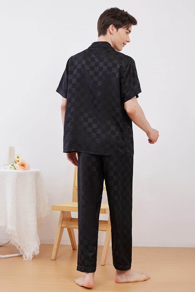 19 Momme 100% Mulberry Silk Matching Couple Plaid Heavy Mulberry Silk Pajama Set Long Sleeve Pants Loungewear for Men & Women