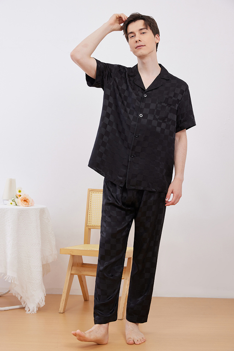 19 Momme 100% Mulberry Silk Matching Couple Plaid Heavy Mulberry Silk Pajama Set Long Sleeve Pants Loungewear for Men & Women
