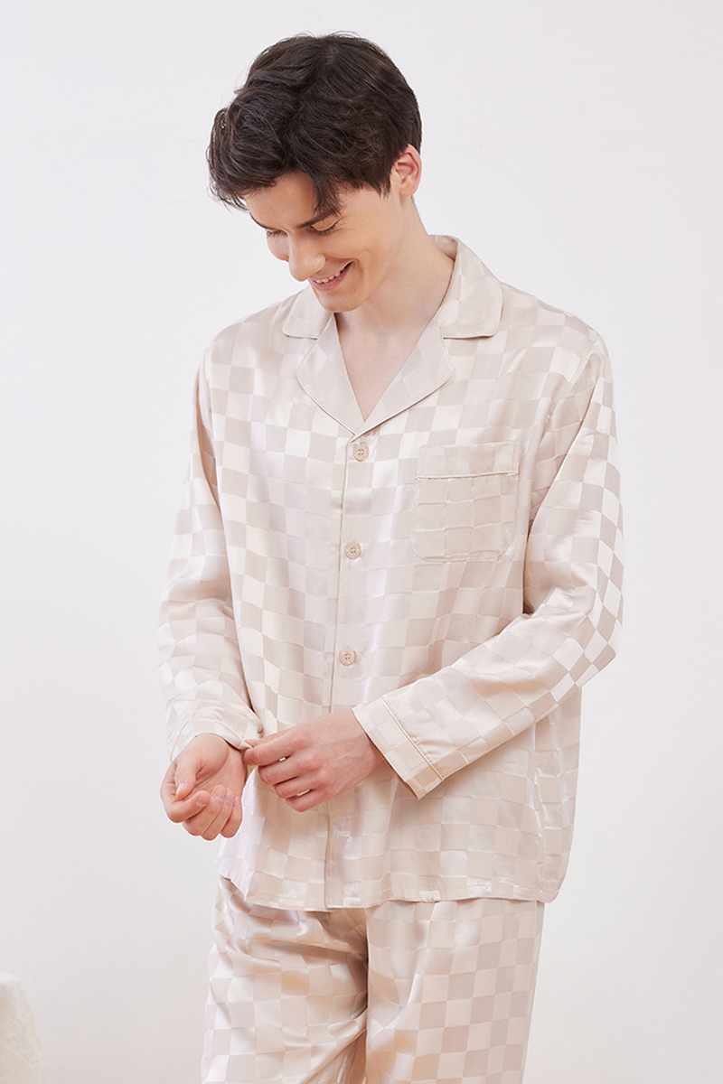 19 Momme 100% Mulberry Silk Matching Couple Plaid Heavy Mulberry Silk Pajama Set Long Sleeve Pants Loungewear for Men & Women