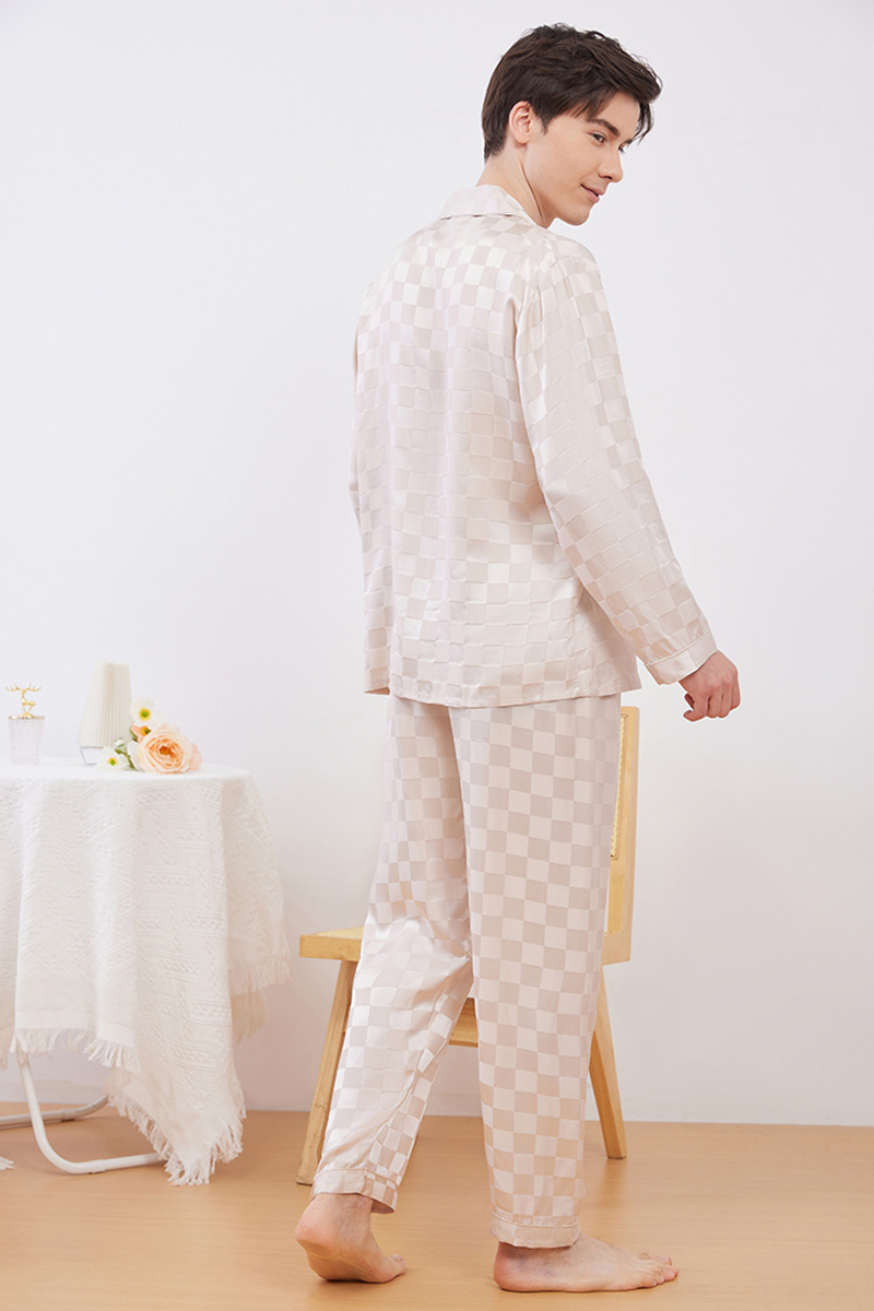 19 Momme 100% Mulberry Silk Matching Couple Plaid Heavy Mulberry Silk Pajama Set Long Sleeve Pants Loungewear for Men & Women