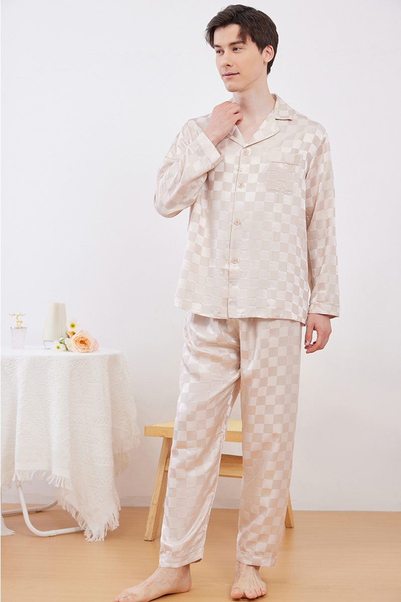 19 Momme 100% Mulberry Silk Matching Couple Plaid Heavy Mulberry Silk Pajama Set Long Sleeve Pants Loungewear for Men & Women