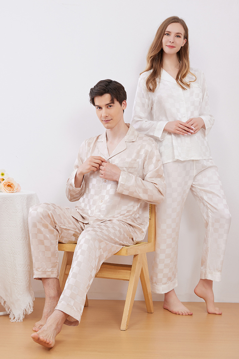 19 Momme 100% Mulberry Silk Matching Couple Plaid Heavy Mulberry Silk Pajama Set Long Sleeve Pants Loungewear for Men & Women