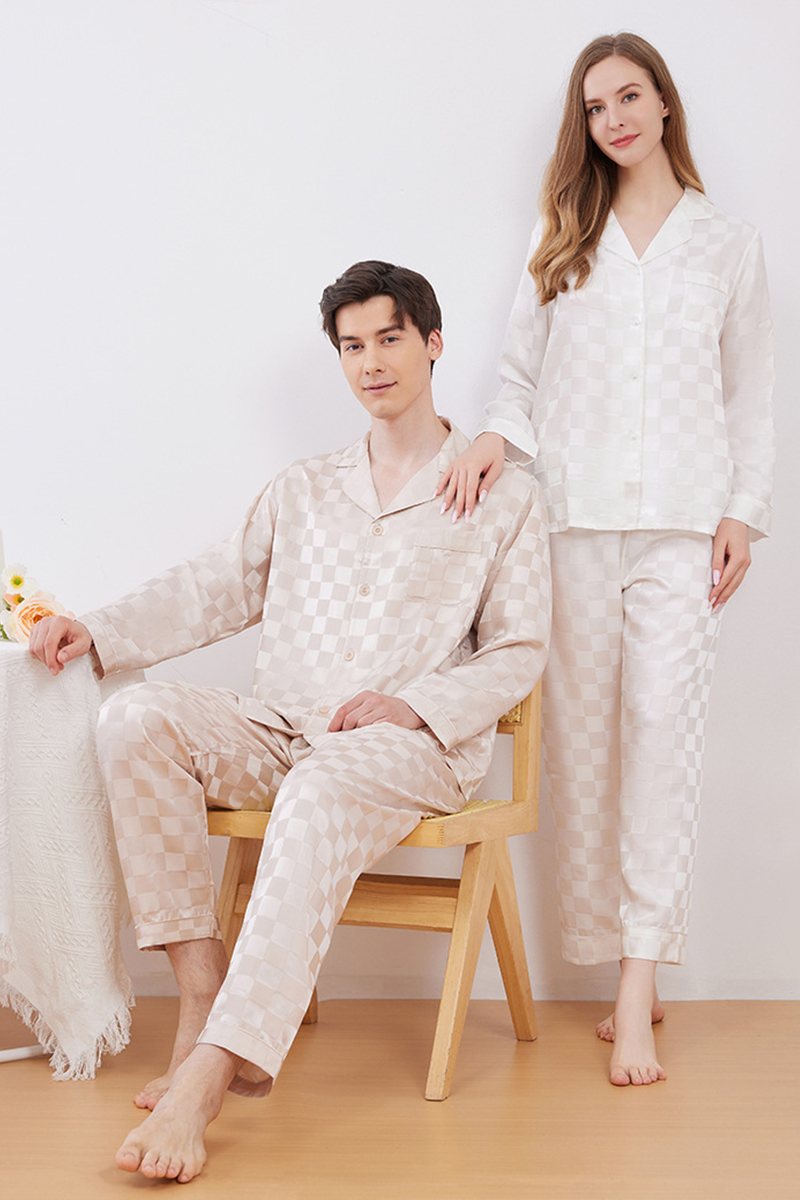 19 Momme 100% Mulberry Silk Matching Couple Plaid Heavy Mulberry Silk Pajama Set Long Sleeve Pants Loungewear for Men & Women