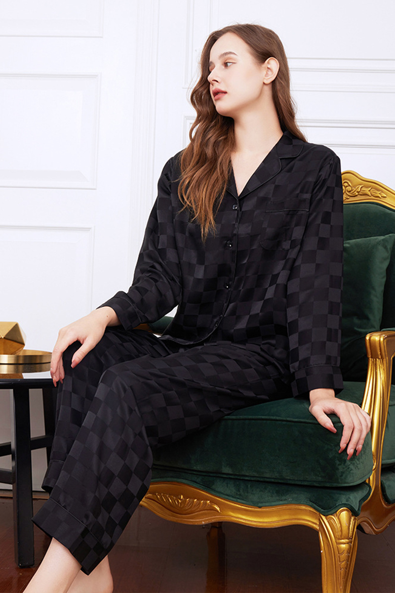 19 Momme 100% Mulberry Silk Matching Couple Plaid Heavy Mulberry Silk Pajama Set Long Sleeve Pants Loungewear for Men & Women