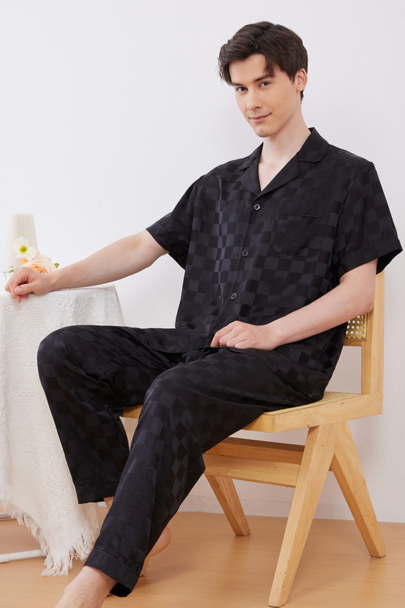19 Momme 100% Mulberry Silk Matching Couple Plaid Heavy Mulberry Silk Pajama Set Long Sleeve Pants Loungewear for Men & Women