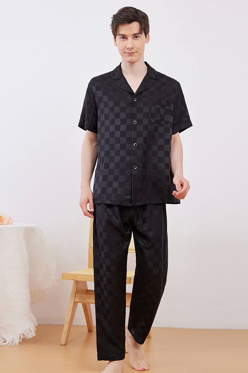19 Momme 100% Mulberry Silk Matching Couple Plaid Heavy Mulberry Silk Pajama Set Long Sleeve Pants Loungewear for Men & Women