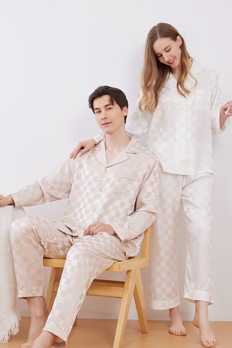 19 Momme 100% Mulberry Silk Matching Couple Plaid Heavy Mulberry Silk Pajama Set Long Sleeve Pants Loungewear for Men & Women