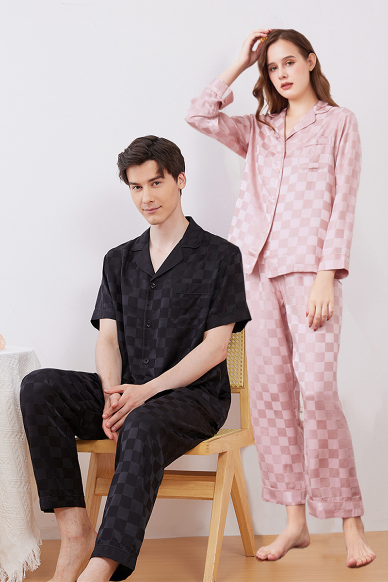 19 Momme 100% Mulberry Silk Matching Couple Plaid Heavy Mulberry Silk Pajama Set Long Sleeve Pants Loungewear for Men & Women