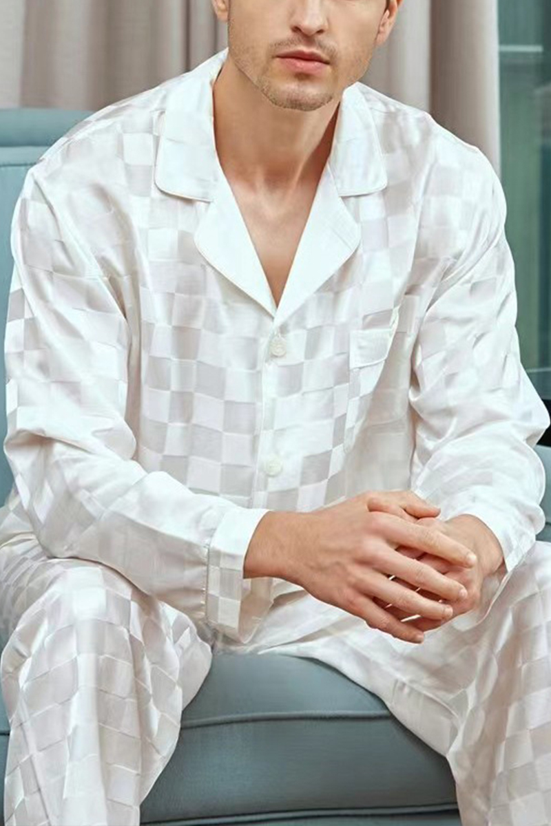 19 Momme 100% Mulberry Silk Matching Couple Plaid Heavy Mulberry Silk Pajama Set Long Sleeve Pants Loungewear for Men & Women