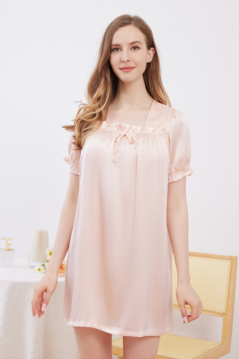 19 Momme 100% Mulberry Silk Square Neck Nightgown Cool Touch Loose Midi Short Sleeve Summer Sleep Dress