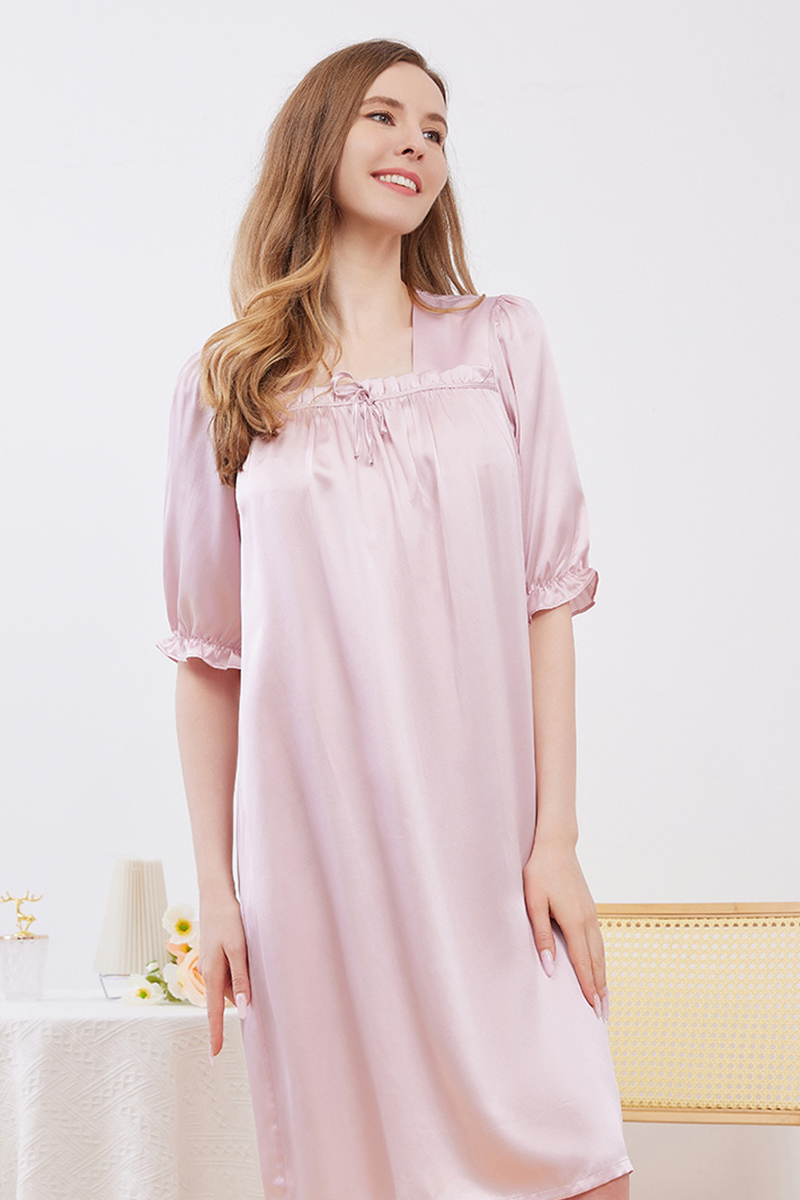 19 Momme 100% Mulberry Silk Square Neck Nightgown Cool Touch Loose Midi Short Sleeve Summer Sleep Dress