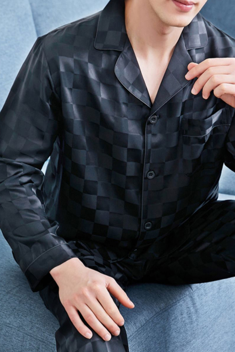 19 Momme 100% Mulberry Silk Matching Couple Plaid Heavy Mulberry Silk Pajama Set Long Sleeve Pants Loungewear for Men & Women