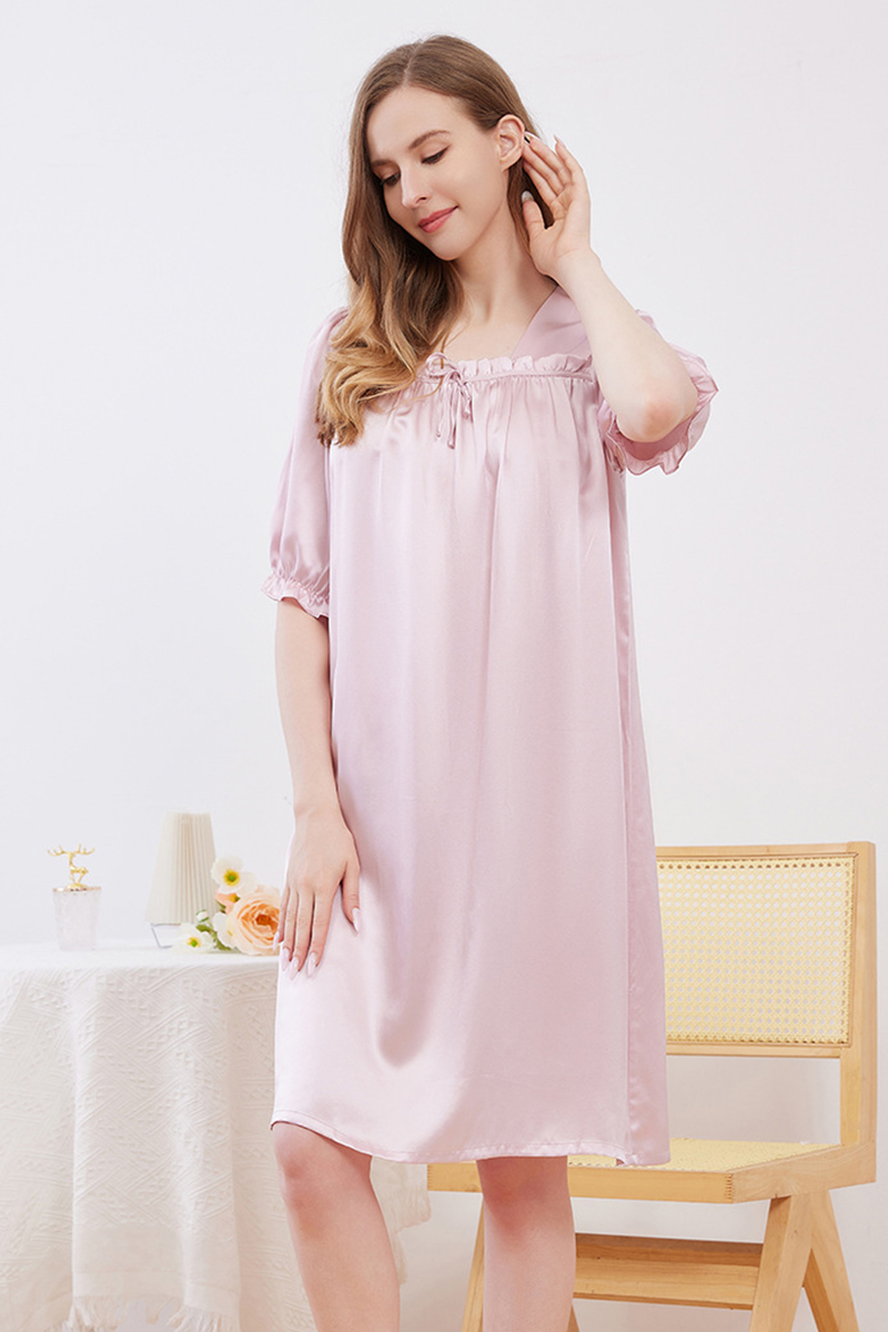 19 Momme 100% Mulberry Silk Square Neck Nightgown Cool Touch Loose Midi Short Sleeve Summer Sleep Dress