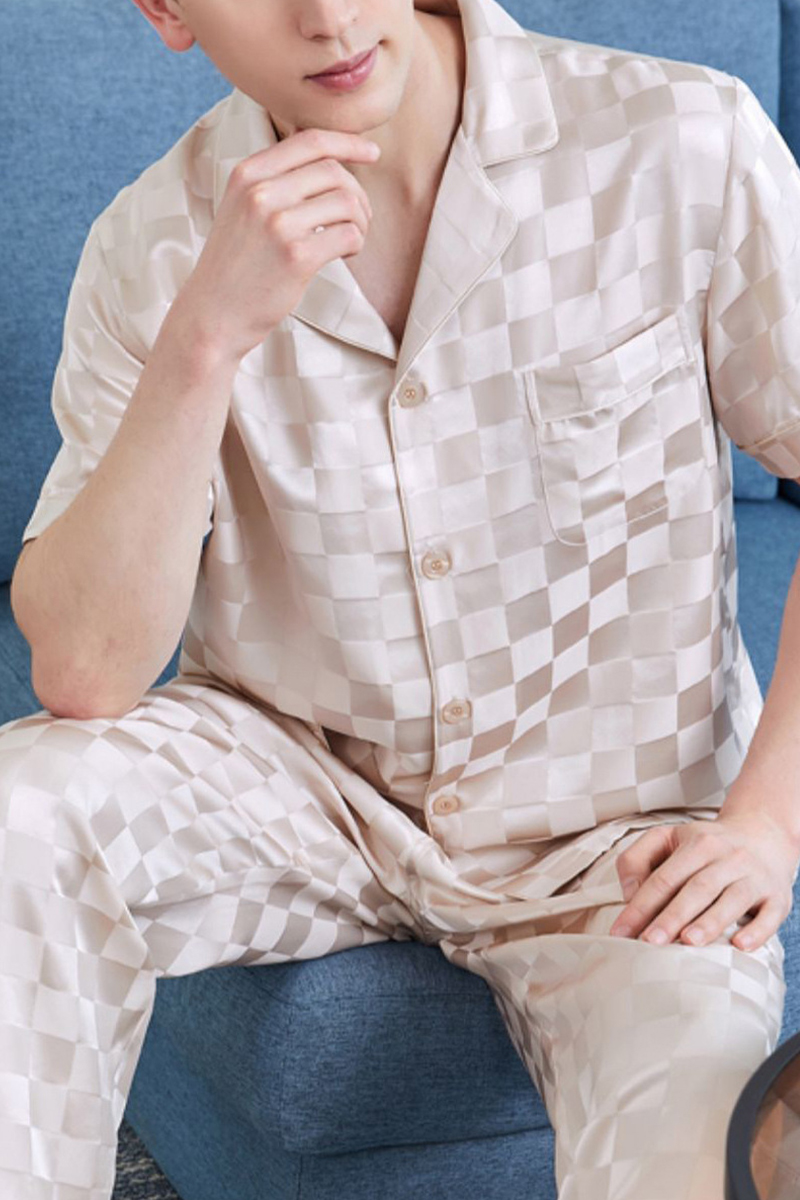 19 Momme 100% Mulberry Silk Matching Couple Plaid Heavy Mulberry Silk Pajama Set Long Sleeve Pants Loungewear for Men & Women