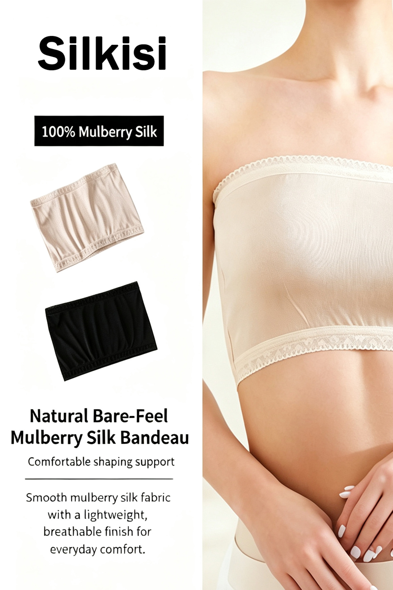 100% Mulberry Silk One-Piece Cup Silk Bandeau Bra Non-Slip Invisible Strapless Mulberry Silk Tube Top Breathable Seamless Anti-Exposure Wrap