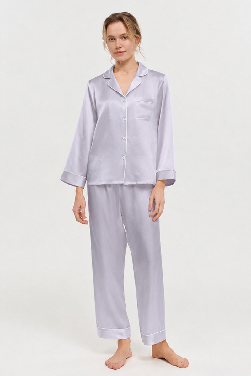  19 Momme 100% Mulberry Silk Pajama Set Luxury Long Sleeve Long Pants Silk Loungewear