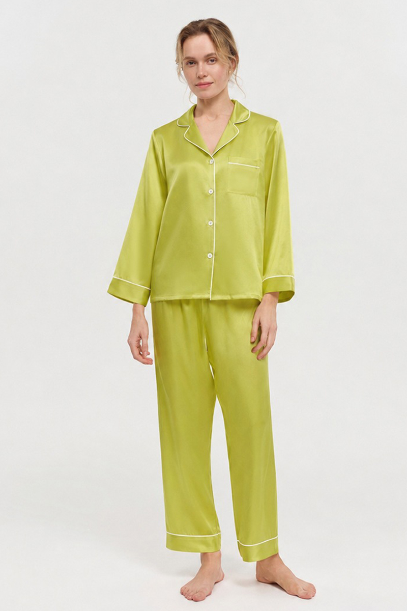  19 Momme 100% Mulberry Silk Pajama Set Luxury Long Sleeve Long Pants Silk Loungewear