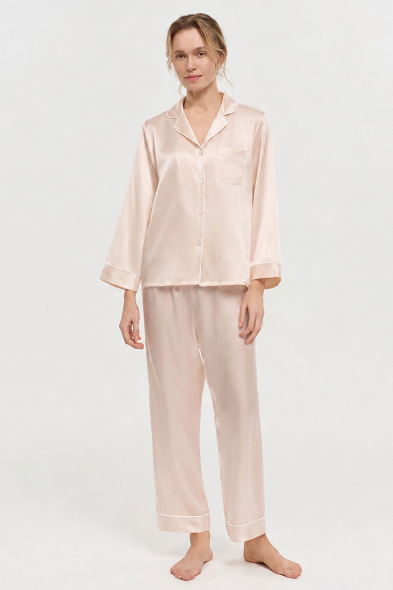  19 Momme 100% Mulberry Silk Pajama Set Luxury Long Sleeve Long Pants Silk Loungewear