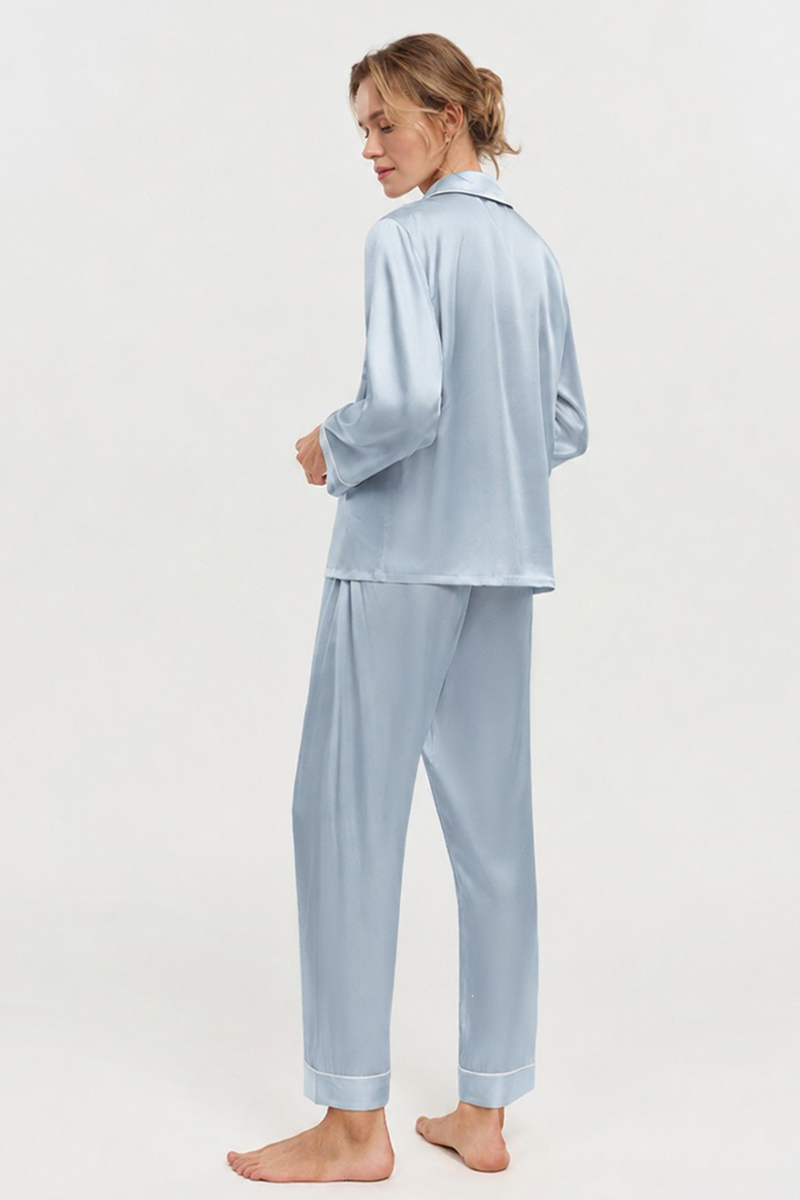  19 Momme 100% Mulberry Silk Pajama Set Luxury Long Sleeve Long Pants Silk Loungewear