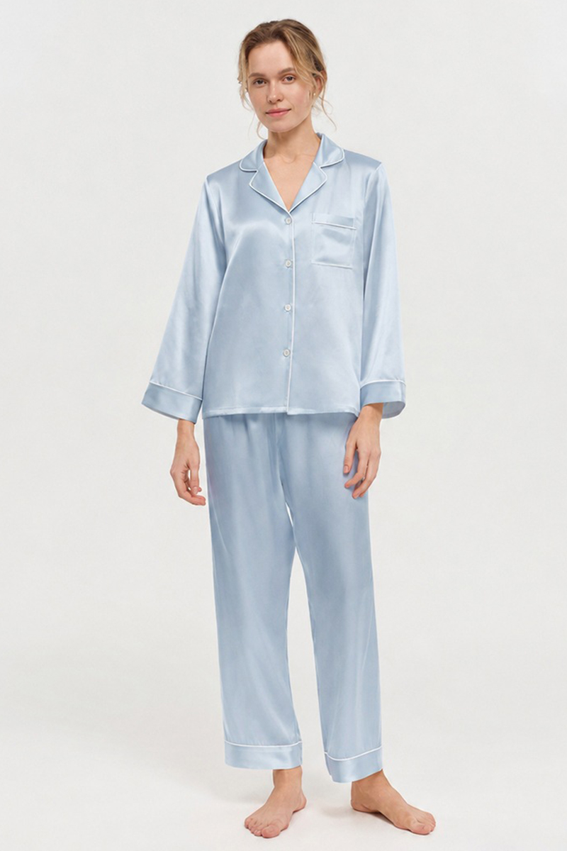  19 Momme 100% Mulberry Silk Pajama Set Luxury Long Sleeve Long Pants Silk Loungewear