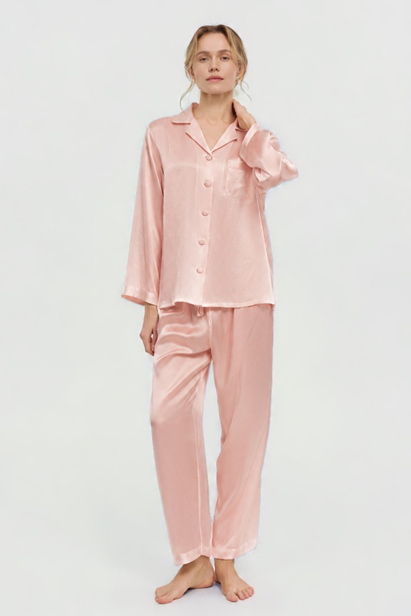100% Mulberry Silk Pajama Set Long Sleeve & Long Pants Luxury Silk Loungewear
