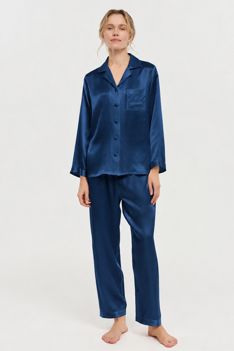 100% Mulberry Silk Pajama Set Long Sleeve & Long Pants Luxury Silk Loungewear