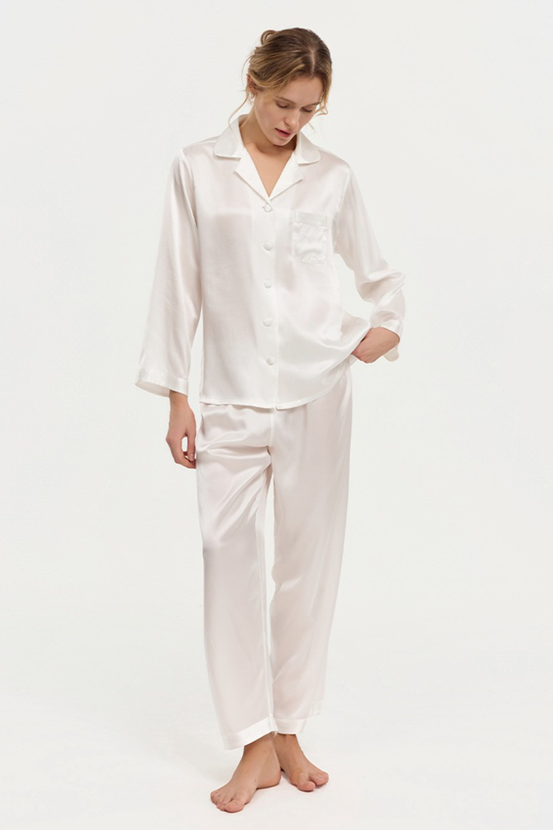 100% Mulberry Silk Pajama Set Long Sleeve & Long Pants Luxury Silk Loungewear