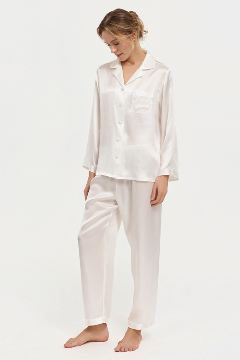 100% Mulberry Silk Pajama Set Long Sleeve & Long Pants Luxury Silk Loungewear