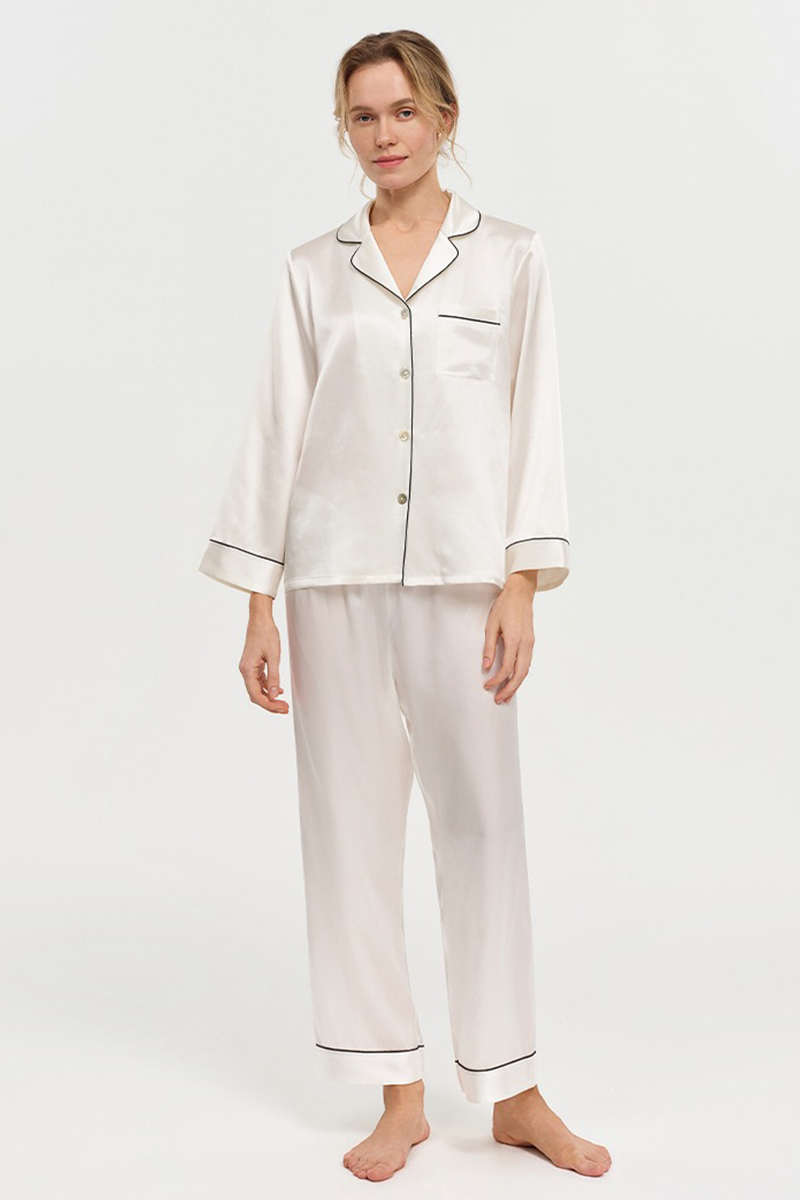 19 Momme 100% Mulberry Silk Pajama Set Luxury Long Sleeve Long Pants Silk Loungewear