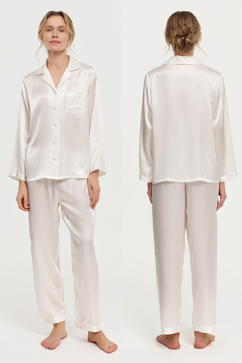 100% Mulberry Silk Pajama Set Long Sleeve & Long Pants Luxury Silk Loungewear