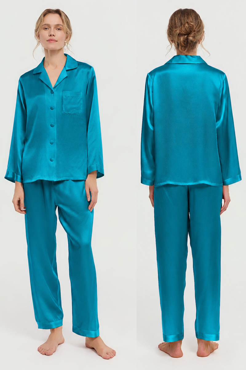 100% Mulberry Silk Pajama Set Long Sleeve & Long Pants Luxury Silk Loungewear