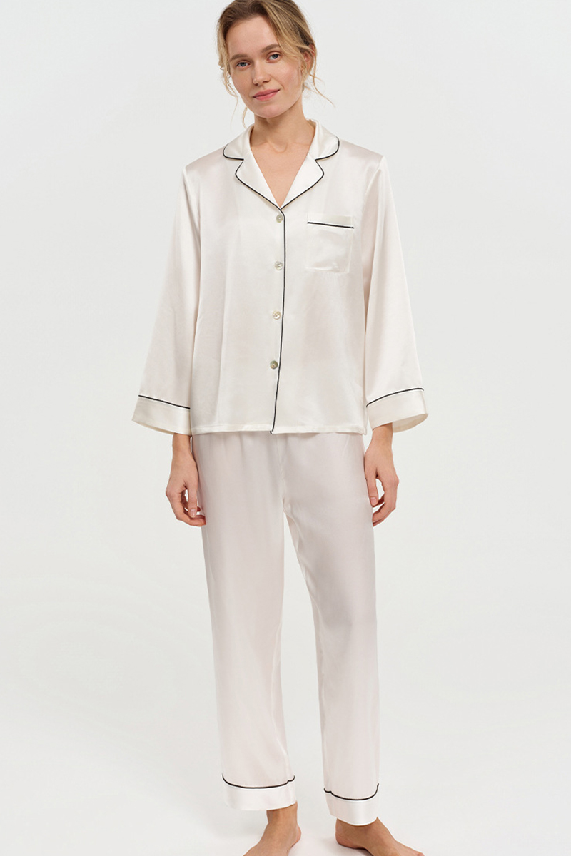  19 Momme 100% Mulberry Silk Pajama Set Luxury Long Sleeve Long Pants Silk Loungewear