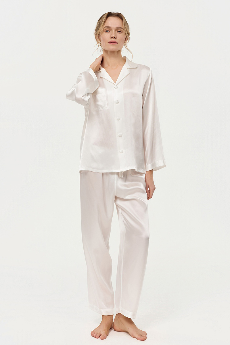 100% Mulberry Silk Pajama Set Long Sleeve & Long Pants Luxury Silk Loungewear