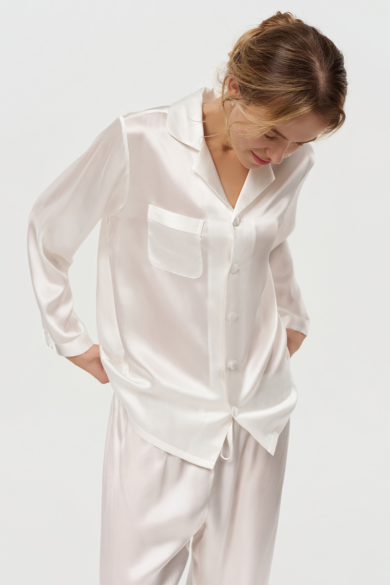 100% Mulberry Silk Pajama Set Long Sleeve & Long Pants Luxury Silk Loungewear