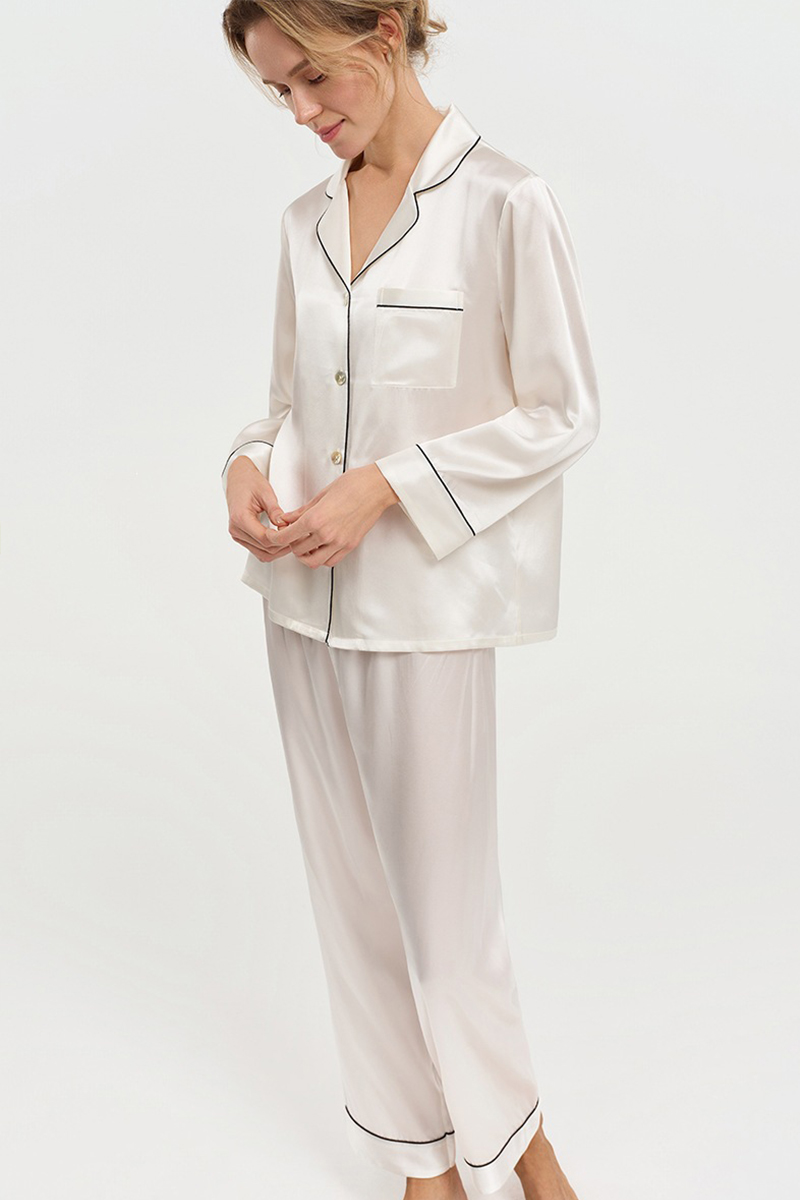  19 Momme 100% Mulberry Silk Pajama Set Luxury Long Sleeve Long Pants Silk Loungewear