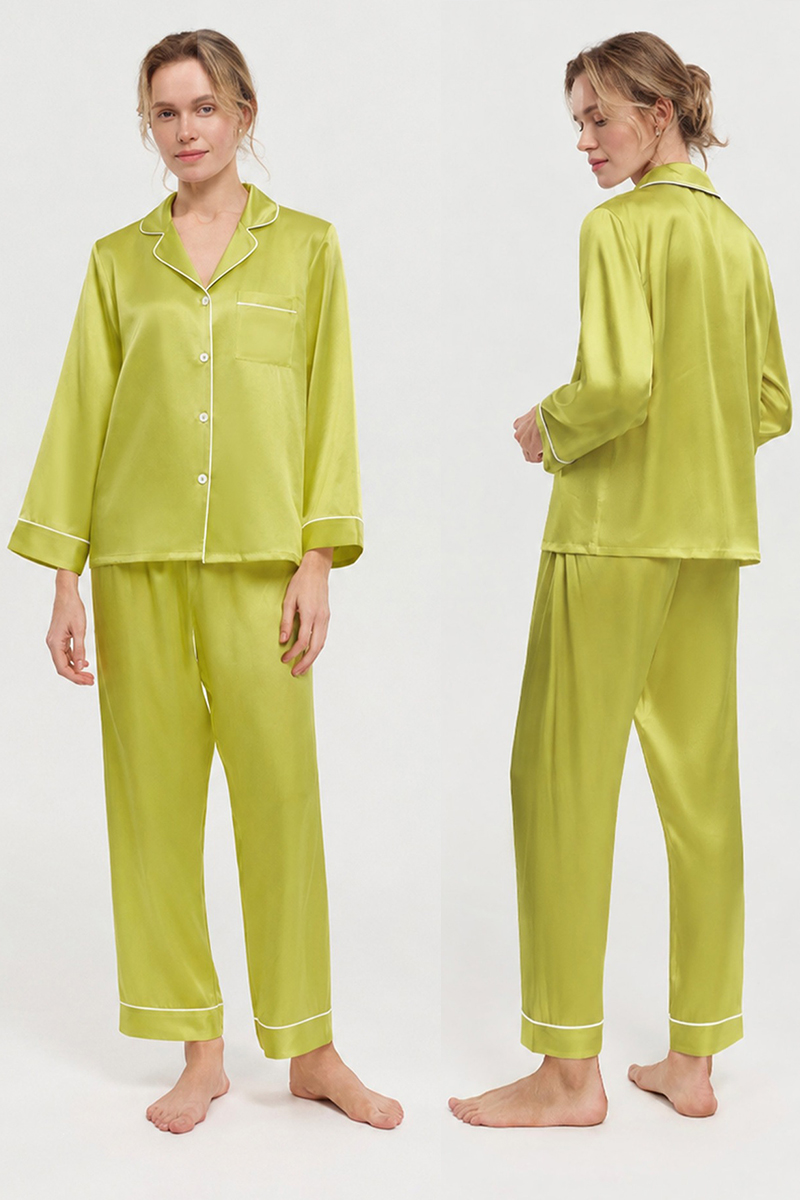  19 Momme 100% Mulberry Silk Pajama Set Luxury Long Sleeve Long Pants Silk Loungewear