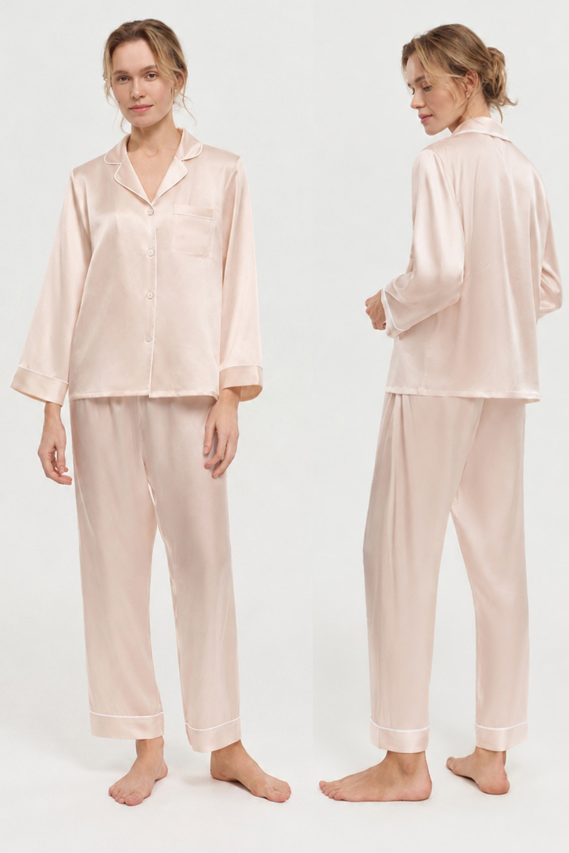  19 Momme 100% Mulberry Silk Pajama Set Luxury Long Sleeve Long Pants Silk Loungewear
