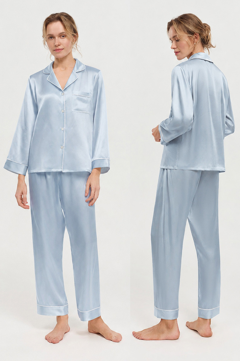  19 Momme 100% Mulberry Silk Pajama Set Luxury Long Sleeve Long Pants Silk Loungewear