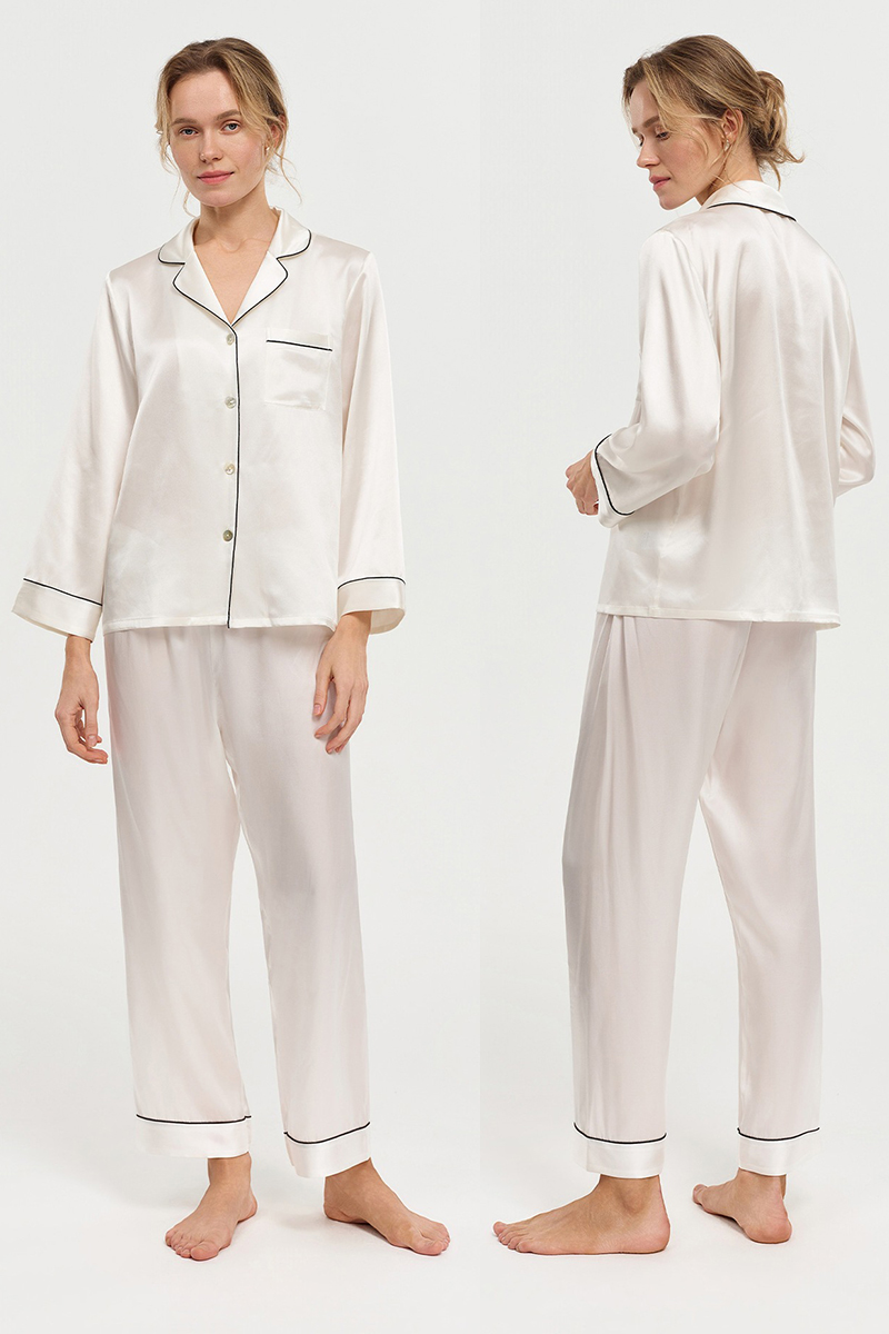  19 Momme 100% Mulberry Silk Pajama Set Luxury Long Sleeve Long Pants Silk Loungewear