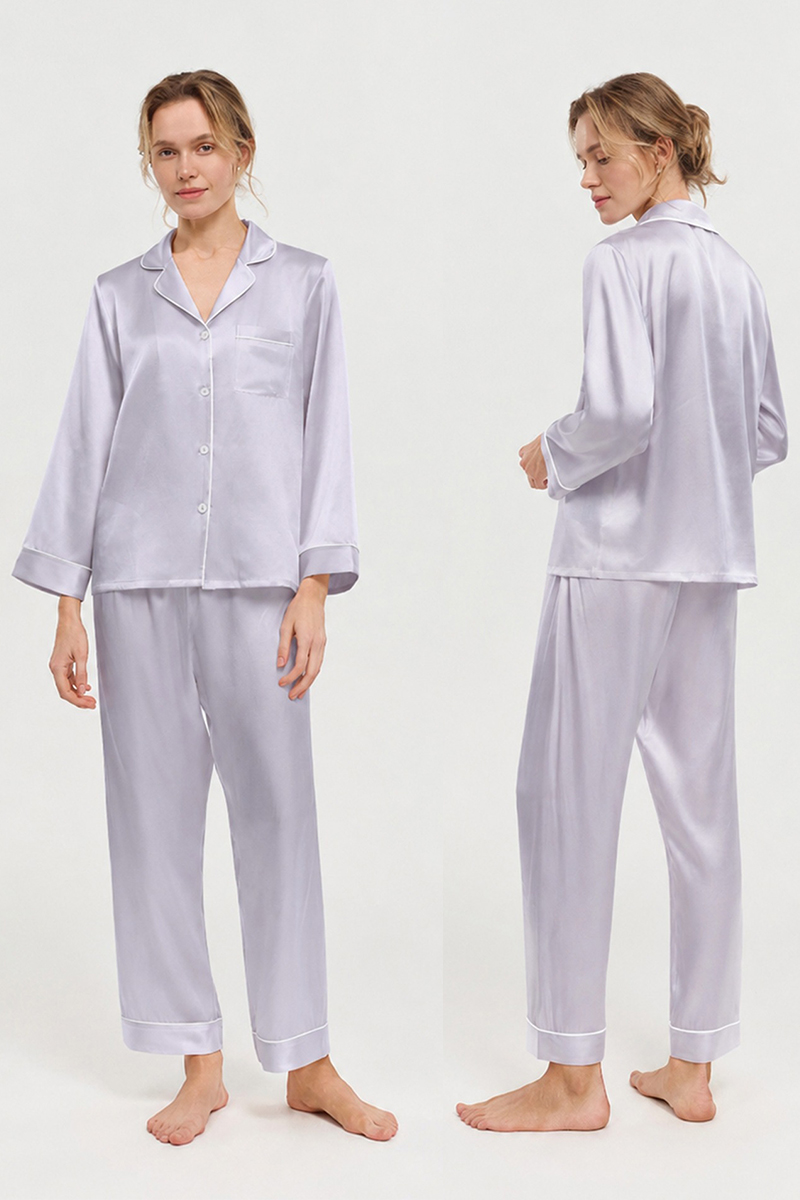  19 Momme 100% Mulberry Silk Pajama Set Luxury Long Sleeve Long Pants Silk Loungewear