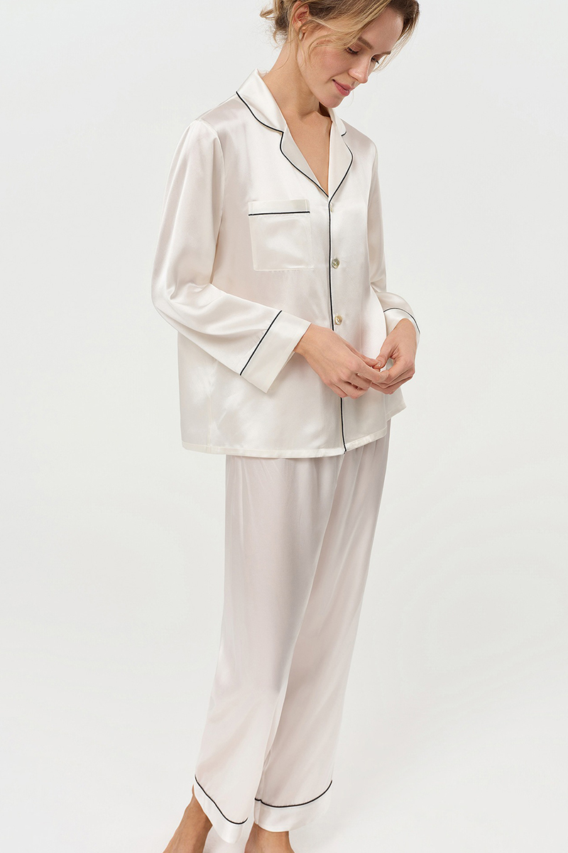  19 Momme 100% Mulberry Silk Pajama Set Luxury Long Sleeve Long Pants Silk Loungewear