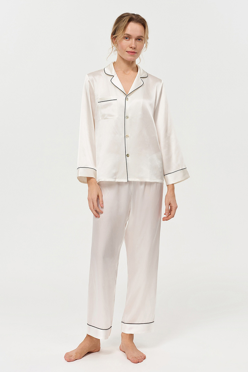  19 Momme 100% Mulberry Silk Pajama Set Luxury Long Sleeve Long Pants Silk Loungewear
