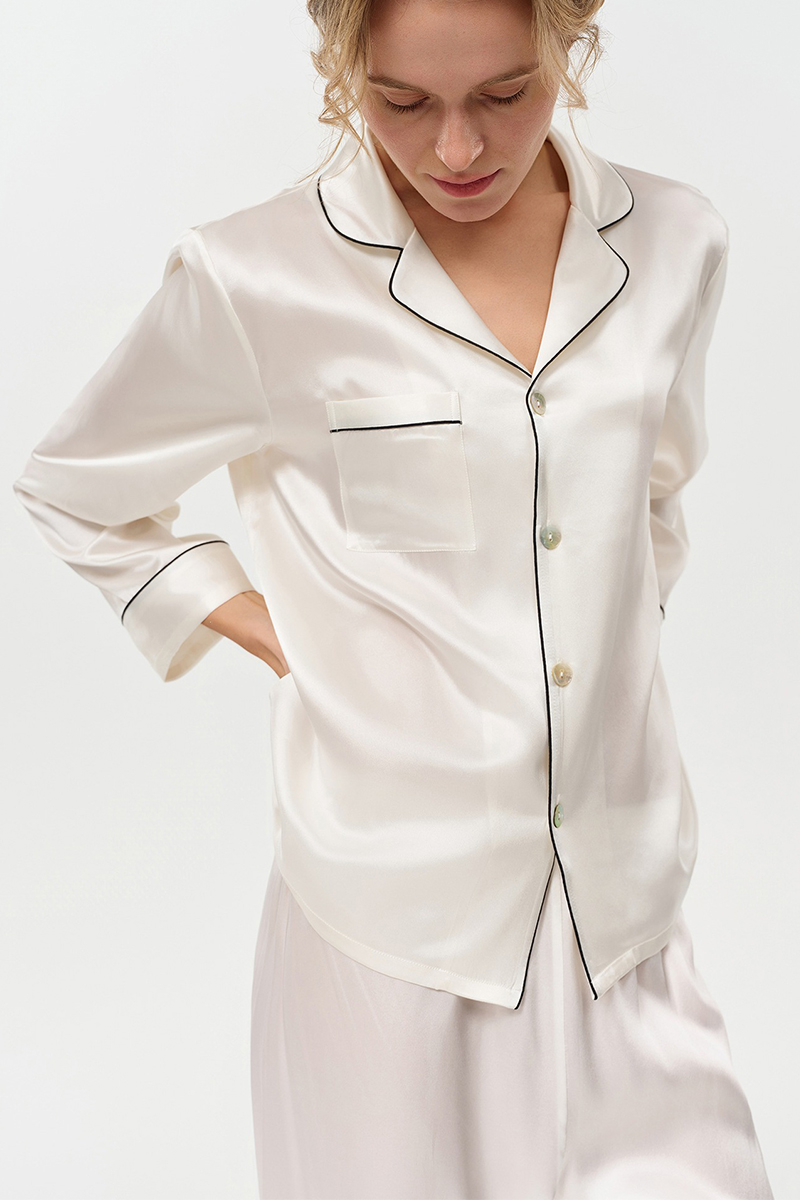  19 Momme 100% Mulberry Silk Pajama Set Luxury Long Sleeve Long Pants Silk Loungewear